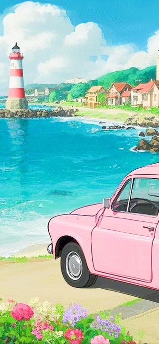 海边粉色小轿车