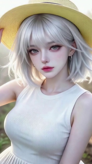 清新田园银发草帽美少女