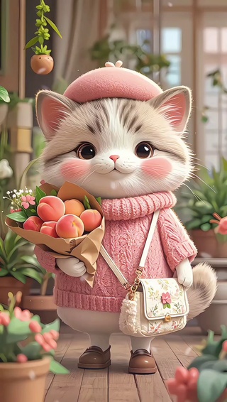 可爱粉色抱桃小猫猫