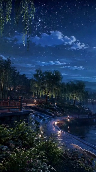 静谧月夜湖畔星空夜景