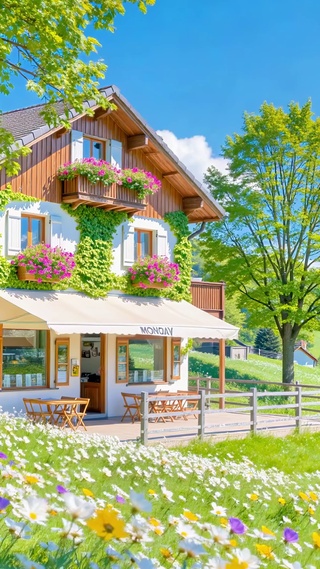 护眼蓝天下花田小屋