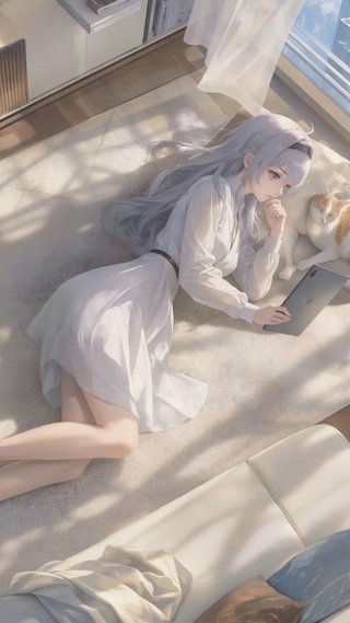 窗边慵懒银发少女与猫咪