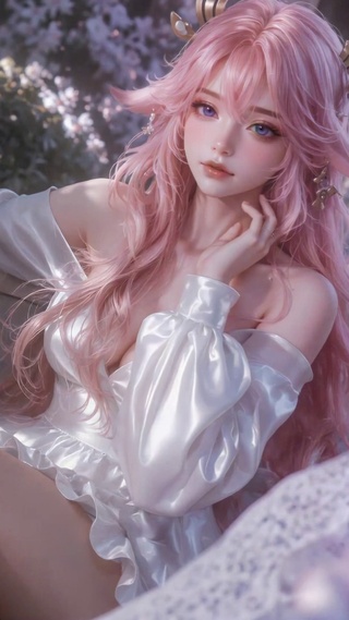 樱花庭院粉发白裙美女