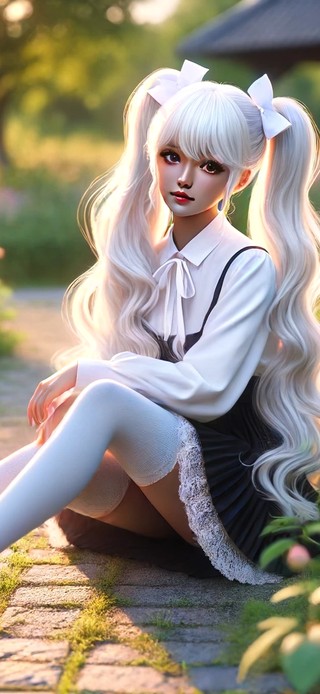白色双马尾女孩---花园