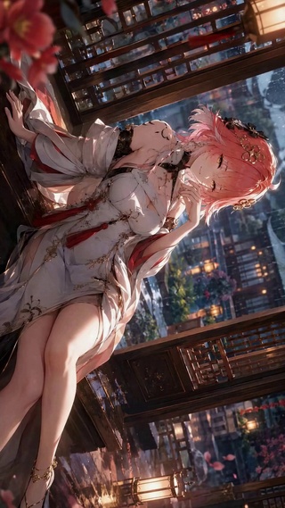 桃花庭院美人