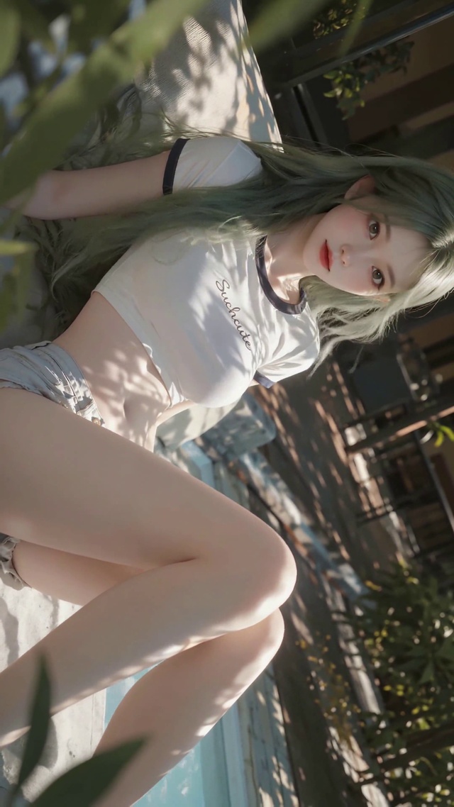 阳光下泳池边美女