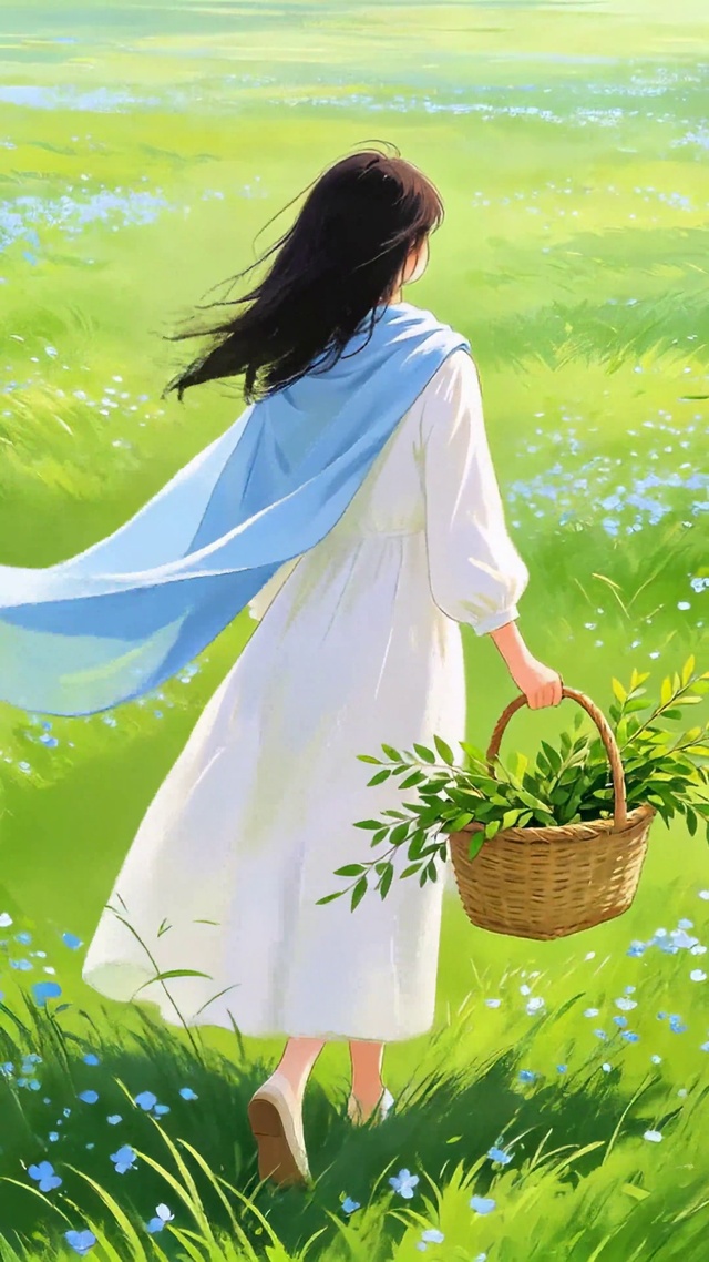 白衣少女漫步青花草地