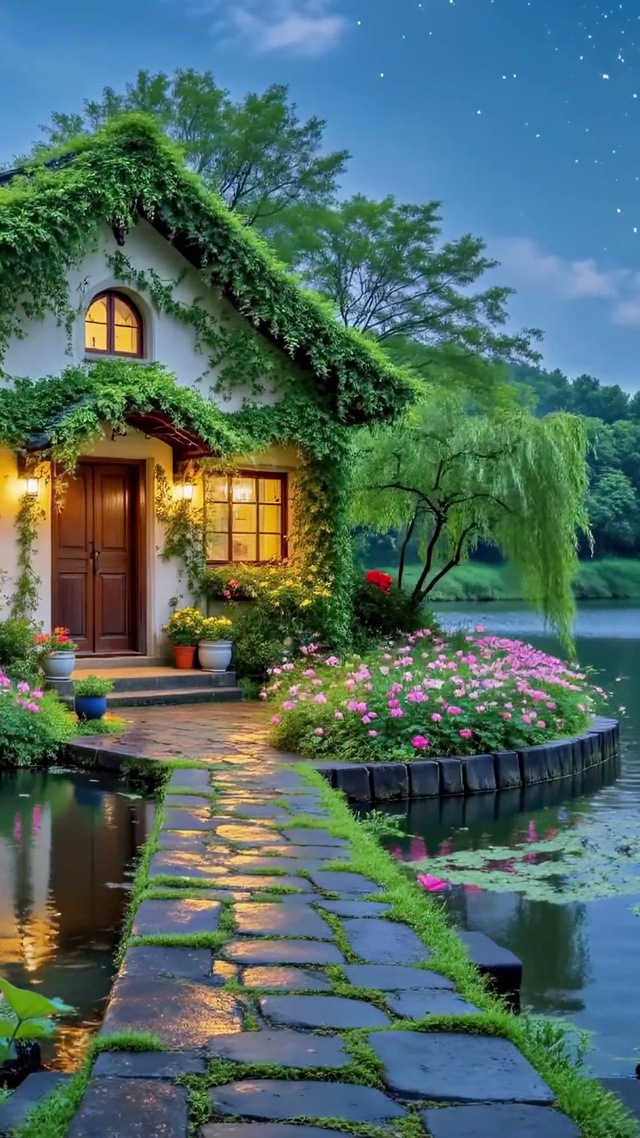 月下湖畔的童话小屋