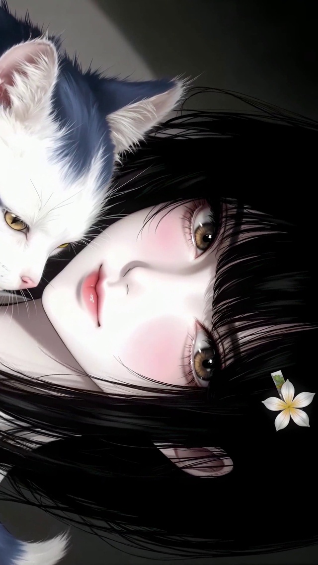 治愈黑白少女与猫