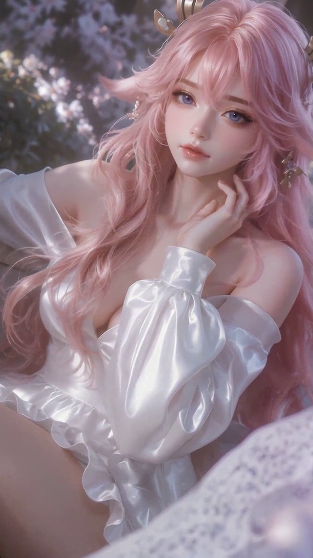 樱花庭院粉发白裙美女