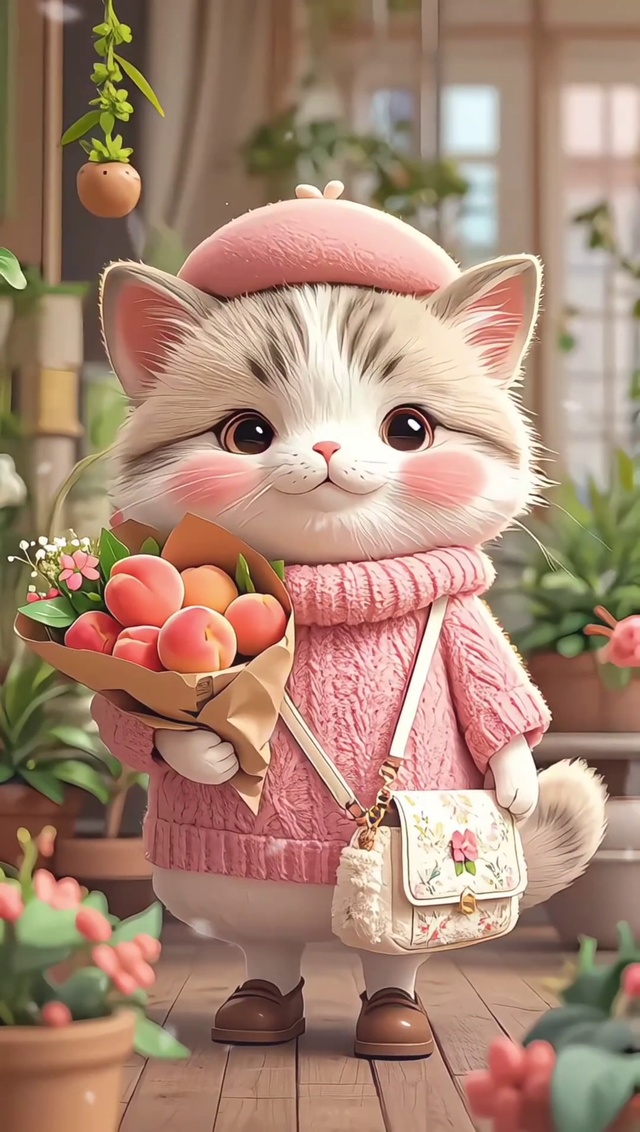 可爱粉色抱桃小猫猫
