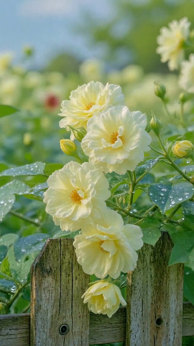 雨后清新淡黄蔷薇花田