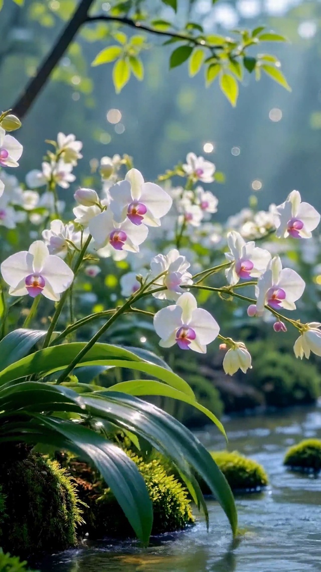 林间溪流蝴蝶兰治愈风景