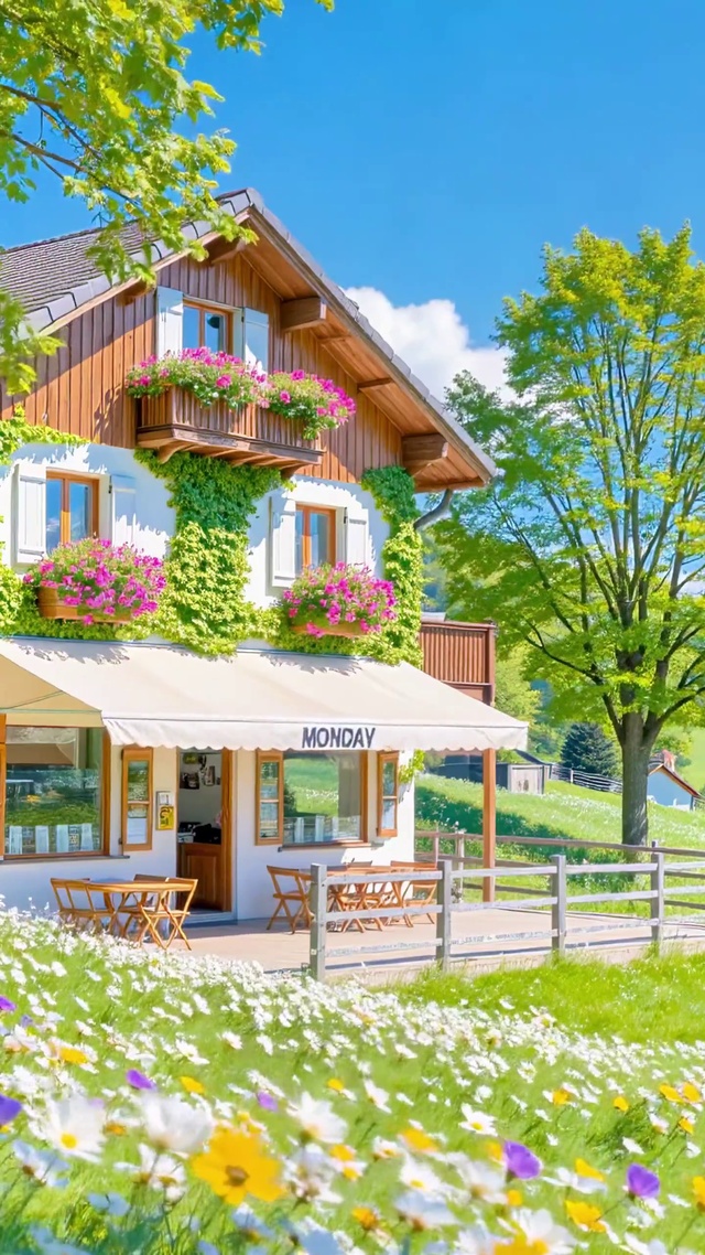 护眼蓝天下花田小屋